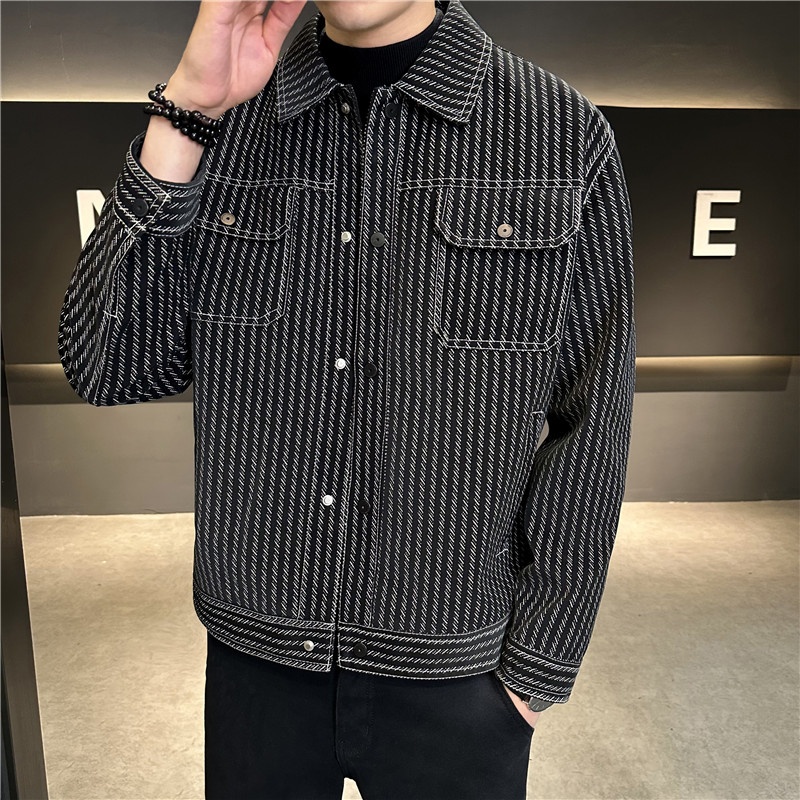 帅气显瘦皮衣夹克男修身翻领短款条纹外套黑色JK857-P118,男装夹克,电商A213