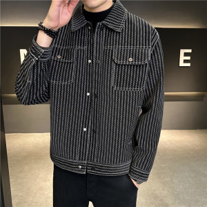 帅气显瘦皮衣夹克男修身翻领短款条纹外套黑色JK857-P118图片
