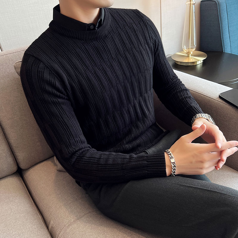 假两件毛衣男柔软弹力加厚修身假领提花针织衫灰色M9858-P98,男装针织衫/毛衣,电商A213