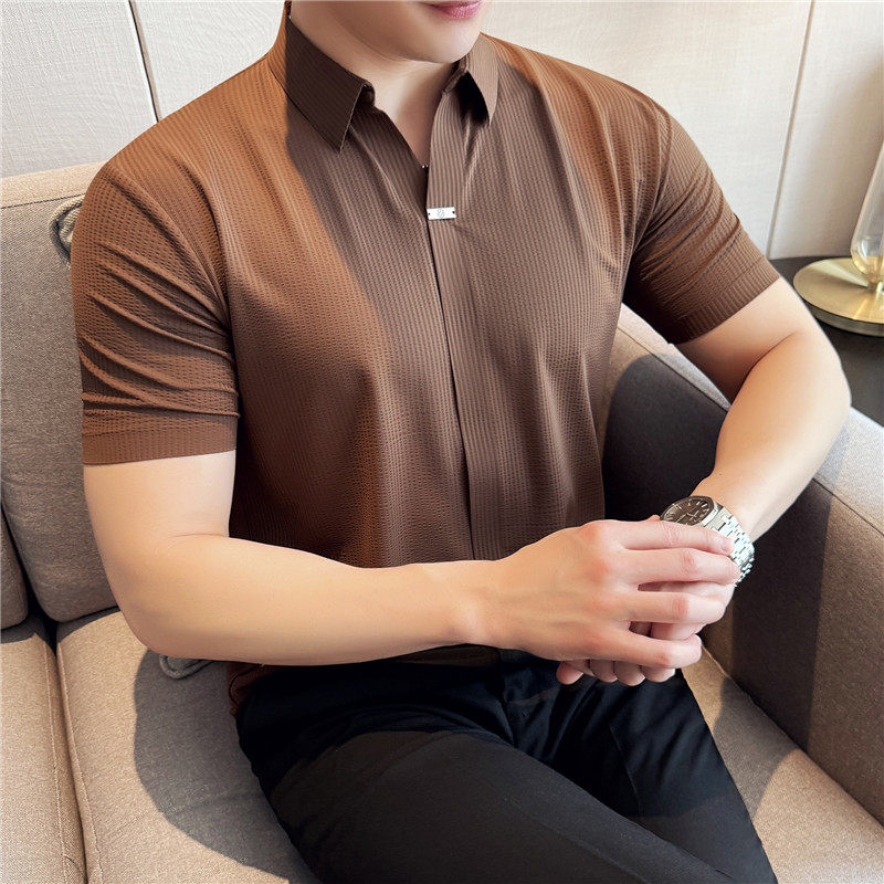弹力性感V领短袖POLO衫男高级感暗条纹冰丝无痕翻领T恤PL6686-P63图片