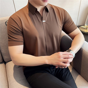 弹力性感V领短袖POLO衫男高级感暗条纹冰丝无痕翻领T恤PL6686-P63图片
