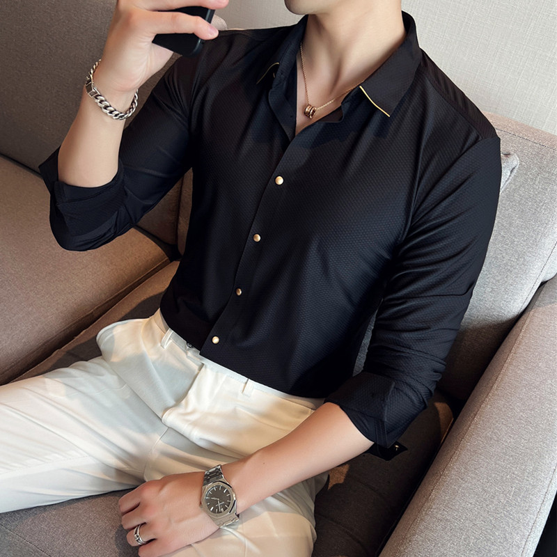 补齐大货~小金边华夫格高弹无痕长袖衬衫男修身衬衣红色C6020-P80图片