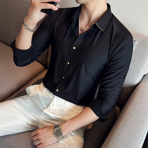 补齐大货~小金边华夫格高弹无痕长袖衬衫男修身衬衣红色C6020-P80图片