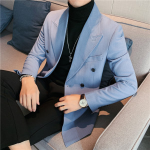 加厚条纹双排扣西服外套男休闲潮流商务西装修身上衣蓝DX36-P155图片