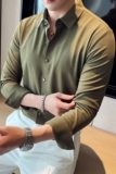 无痕华夫格免烫抗皱长袖衬衫男修身休闲商务衬衣绿色C6061-P73，男装衬衫，电商A213
