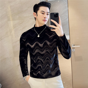 波浪纹金丝绒中领长袖T恤男高级感弹力半高领打底衫修身CT094-P43图片