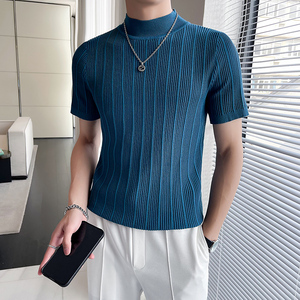 轻熟风~针织短袖半高领T恤男修身内搭上衣毛衣打底衫蓝色MY02-P45图片