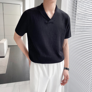 轻熟风~个性青果领修身Polo衫镂空针织翻领短袖T恤白色PL9783-P68图片