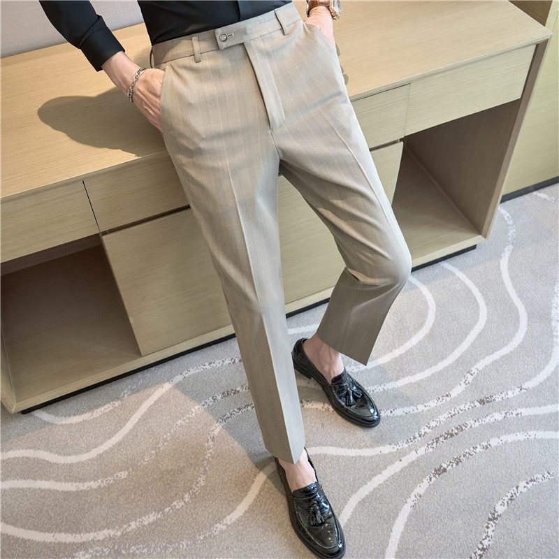 高级感格子西裤男士休闲裤弹力修身小脚西装长裤卡其色XK8033-P75，男装西服套装，电商A213