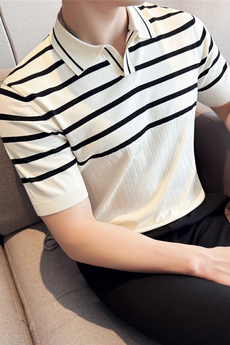 夏季冰丝薄款短袖T恤男条纹针织拼色V领polo衫MT054-P57图片