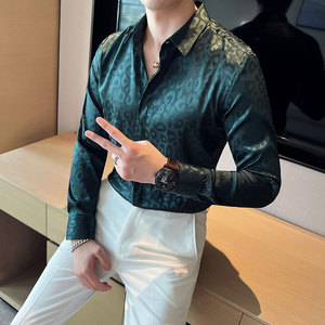长期做~亮面高级感男空调衬衫斑马纹帅气长袖衬衣墨绿色CXT1-P60图片