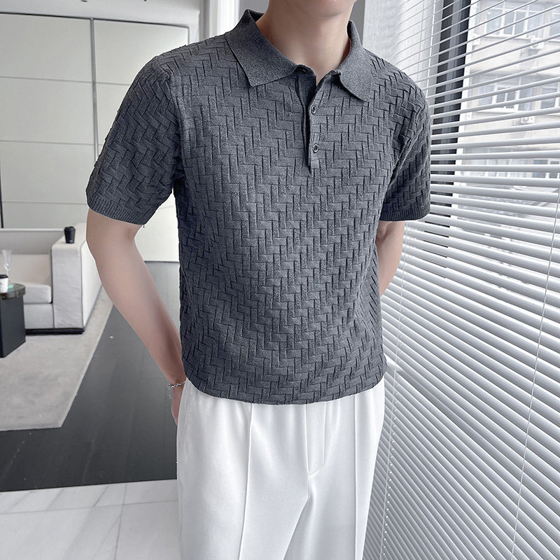 轻熟风~薄款格纹针织翻领短袖男T恤修身Polo衫灰色PL97131-P63图片