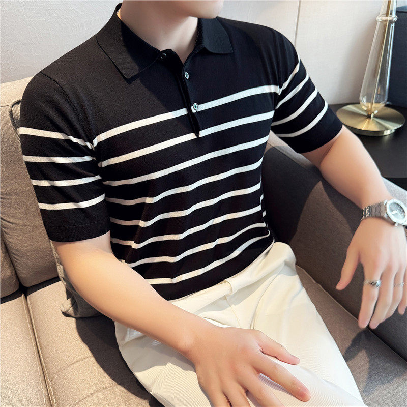 【天丝莱赛尔】条纹撞色冰丝针织POLO衫短袖T恤男黑色PL2401-P67图片