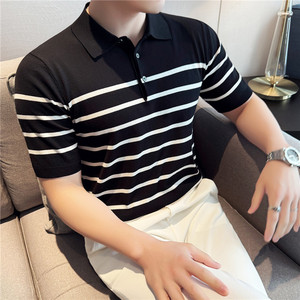 【天丝莱赛尔】条纹撞色冰丝针织POLO衫短袖T恤男黑色PL2401-P67图片