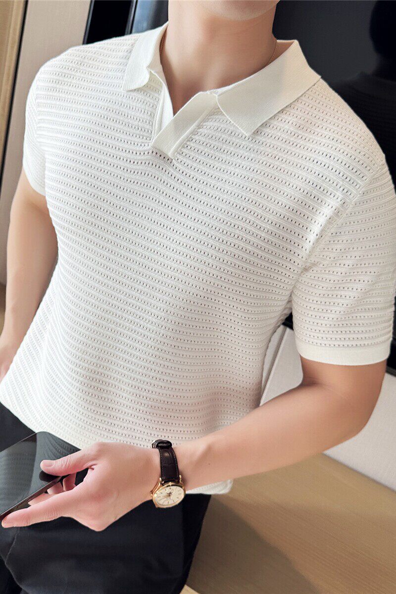 高级感条纹提花冰丝针织短袖T恤镂空V领Polo衫白色PL8905-P63图片
