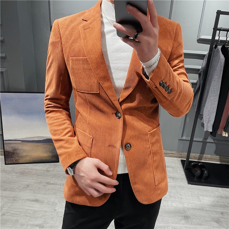 灯芯绒面料帅气西服男士韩版修身西装外套单西服焦糖色DX623-P137,男装西服套装,电商A213