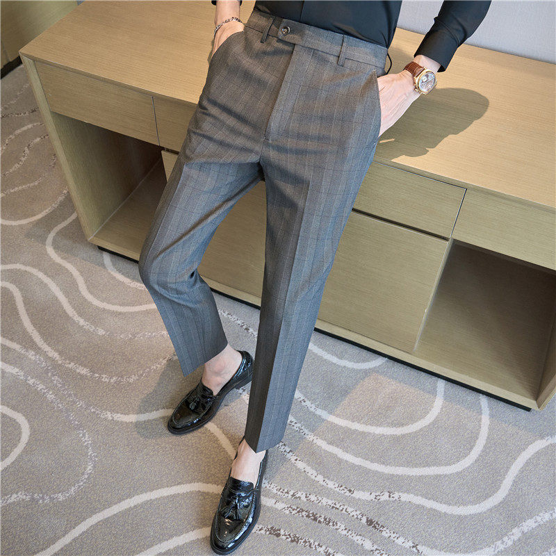 高级感格子西裤男士休闲裤弹力修身小脚西装长裤灰色XK8033-P75图片
