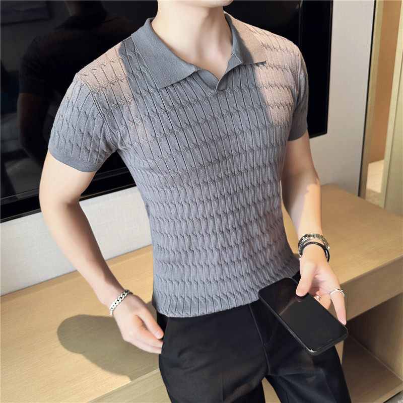 冰丝薄款V领针织提花短袖Polo衫男休闲翻领T恤宝蓝色PL269-P58,男装T恤,电商A213