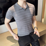 冰丝薄款V领针织提花短袖Polo衫男休闲翻领T恤宝蓝色PL269-P58，男装T恤，电商A213