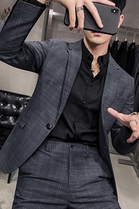 补齐大货~新款男士格子西装两件套修身西服套装蓝色LJT873-P230图片