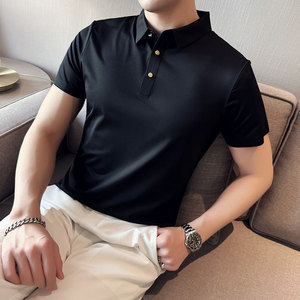 英伦风~纯色高弹冰丝翻领无痕T恤男士短袖POLO衫橘红色PL02-P50图片