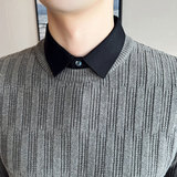 假两件毛衣男柔软弹力加厚修身假领提花针织衫黑色M9858-P98，男装针织衫/毛衣，电商A213