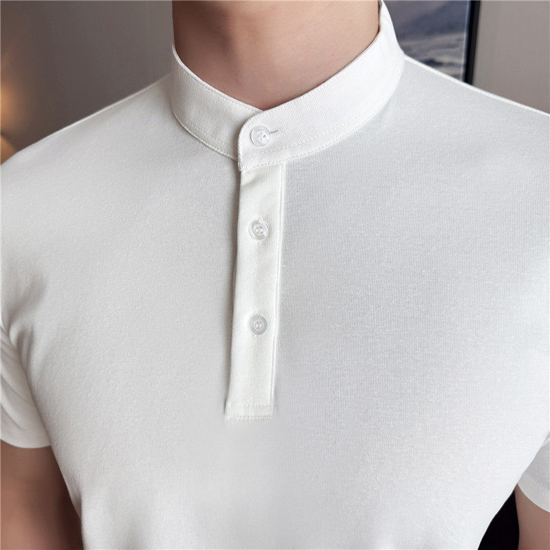 冰肤柔凉感棉质面料亨利领短袖T恤男修身立领polo衫黑色T7860-P50，男装Polo衫，电商A213