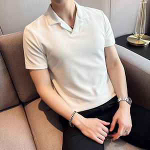 冰丝华夫格V领polo衫翻领短袖男修身有领保罗衫蓝色PL2238-P53图片