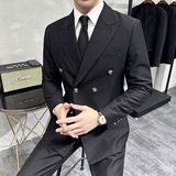 高级感戗驳领双排扣西装两件套男商务休闲西服宝蓝色LJT-1-P230，男装西服套装，电商A213