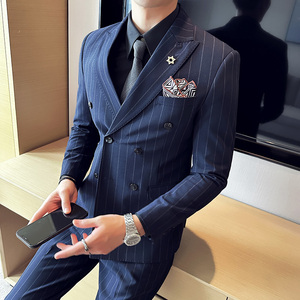 新郎西服套装条纹双排扣戗驳领西装三件套男西服蓝色SJT8013-P275图片