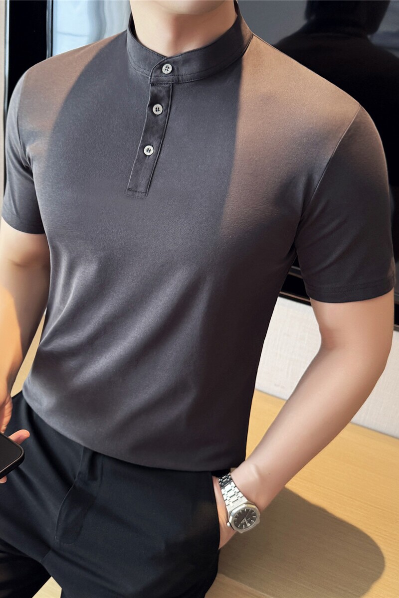 冰肤柔凉感棉质面料亨利领短袖T恤男修身立领polo衫灰色T7860-P50,男装Polo衫,电商A213