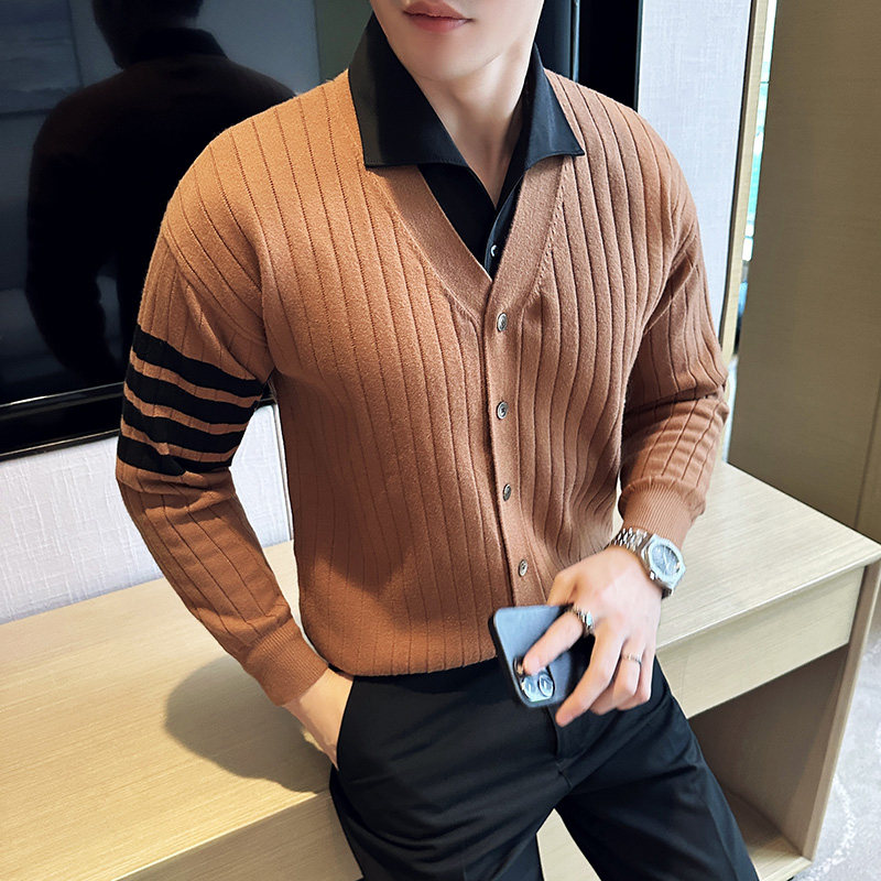 男士假两件针织衫开衫衬衫领时尚条纹毛衣外套两件套M93103-P93,男装针织衫/毛衣,电商A213