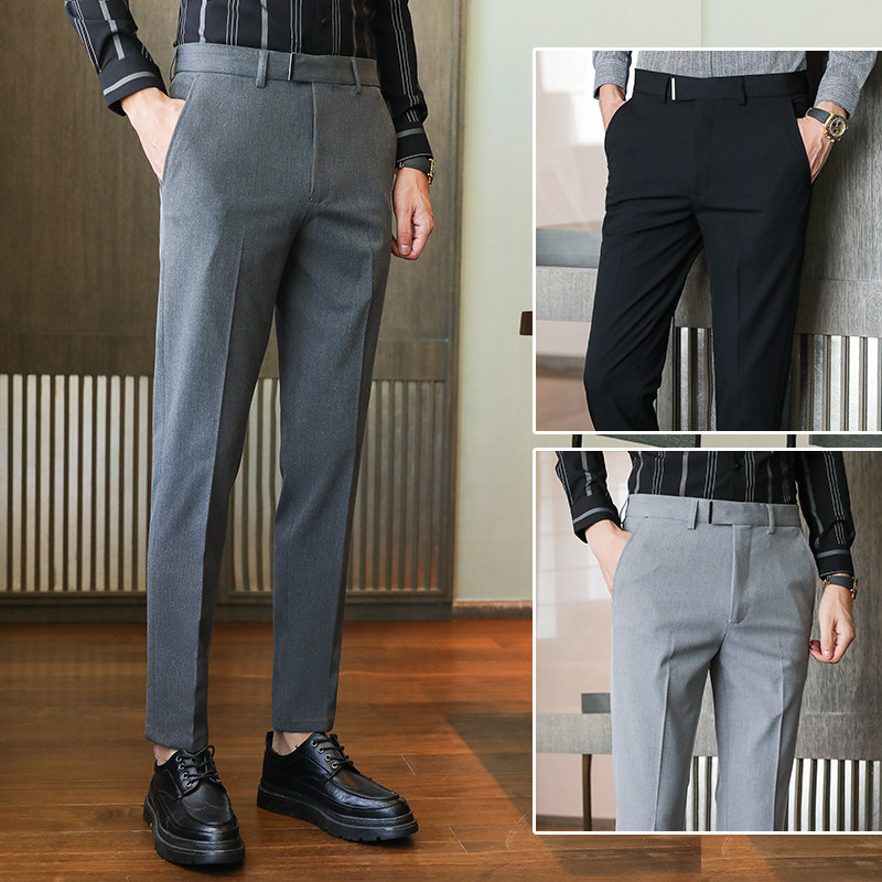 腰部金属装饰男士休闲西裤修身弹力小脚西装长裤XK115-P70，男装西服套装，电商A213