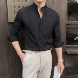 2025春装~新中式高级感立领衬衫男长袖弹力垂感衬衣蓝色C2350-P58，男装衬衫，电商A213