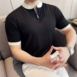 夏季冰丝薄款短袖T恤男暗条纹针织半拉链拼色立领polo衫MT044-P57图片