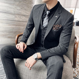 刺绣西装男套装韩版修身潮流条纹三件套休闲西服深灰SJT107/P255，男装西服套装，电商A213