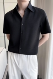 轻熟风~休闲帅气高级感华夫格短袖衬衫男垂感衬衣黑色C2302-P58，男装T恤，电商A213