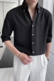 轻熟风~V领衬衫男中袖帅气休闲一片领五分袖衬衣黑色C2301-P58，男装T恤，电商A213