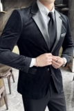 潮男帅气拼皮西服外套肌理感鹿皮绒西装厚款黑色DX8813-P165，男装西服套装，电商A213