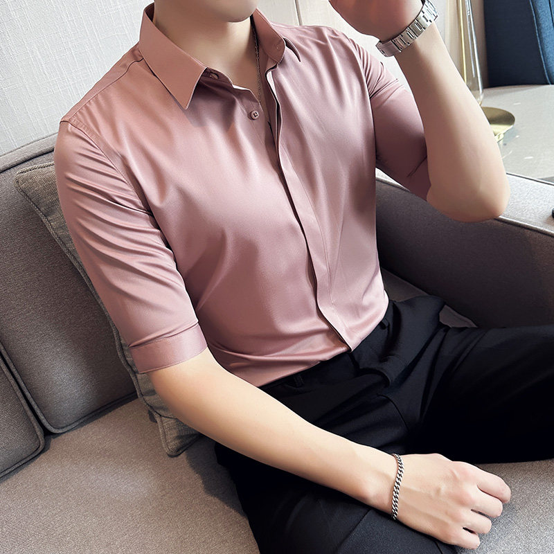 长期做~薄款冰丝中袖衬衫男纯色暗门襟修身五分袖衬衫ZC6637-P55,男装T恤,电商A213