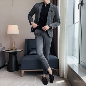 纯色小西装男修身大码两件套男商务休闲西服套装中灰LJT105/P210图片