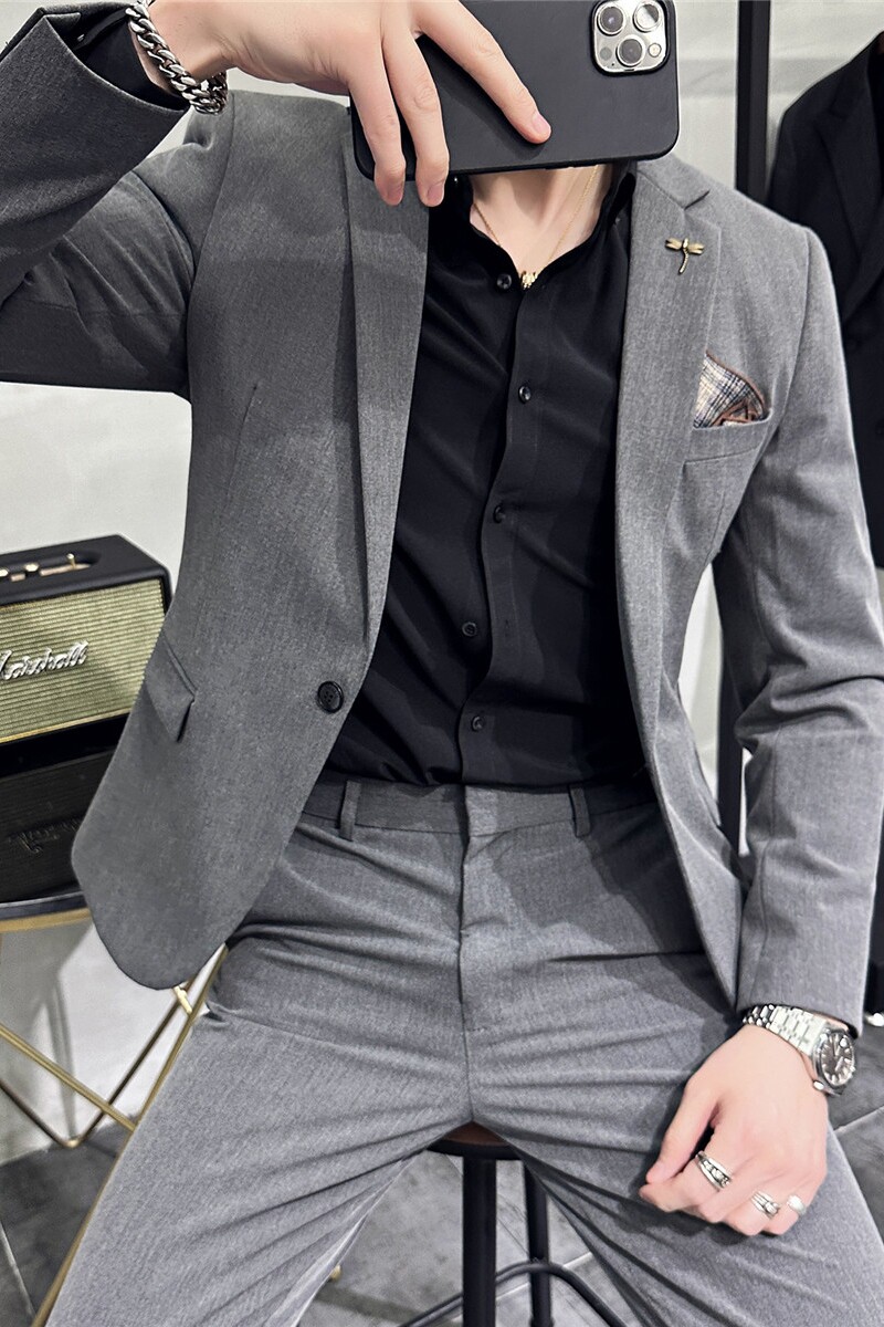 高级感纯色小西装修身大码两件套男时尚休闲西服套装LJT105-P210图片