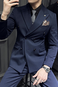 新增藏青色S-7XL~质感双排扣西服套装修身西装三件套SJT412-P270图片
