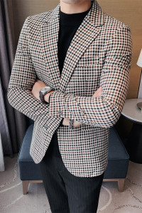 帅气双开叉千鸟格西服外套男修身西装上衣单西服卡其格DX13/P155图片