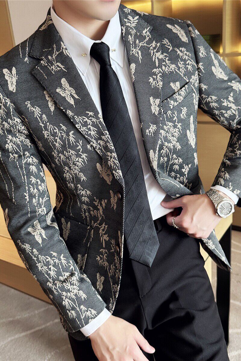 2025秋装花西装外套男西服商务休闲质感印花西装灰色DX8036-P155，男装西服套装，电商A213