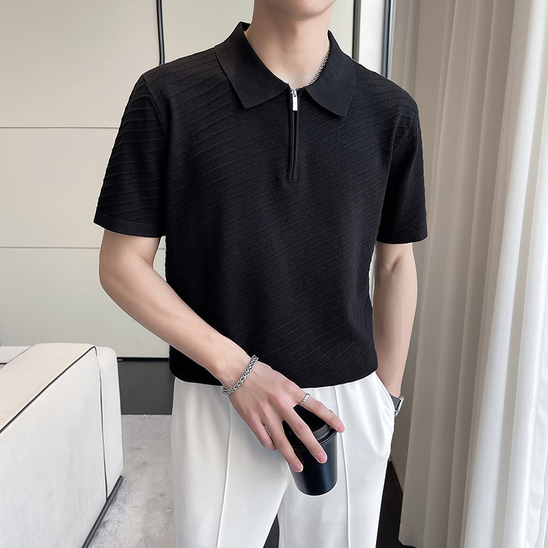时尚斜条纹针织翻领短袖男T恤修身半拉链Polo衫男PL9761-P47,男装Polo衫,电商A213