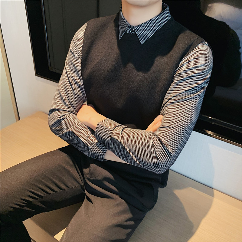 千鸟格子衬衫领假两件纯色毛衣针织套头毛衣男灰色M1512-P95,男装针织衫/毛衣,电商A213