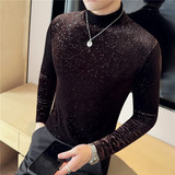 时尚金丝绒满天星长袖T恤男高级感弹力半高领打底衫修身CT091-P43，男装T恤，电商A213