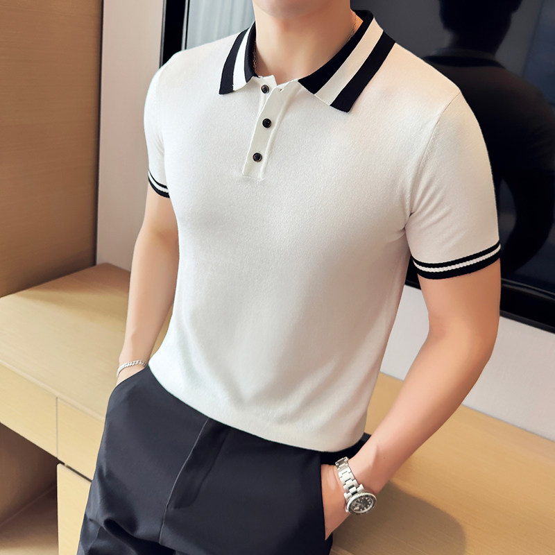 夏季冰丝薄款撞色针织短袖Polo衫男拼色翻领T恤红色PL2371-P47图片