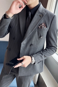 新郎西服套装条纹双排扣戗驳领西装三件套男灰色SJT6852-P275图片